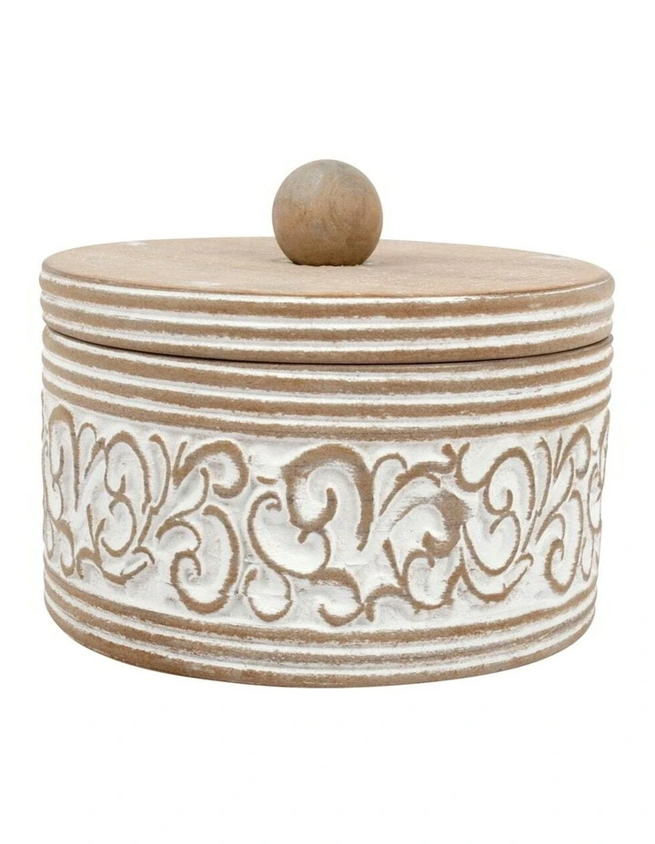 Round Carved Trinket Box with Lid in Natural/Distressed White