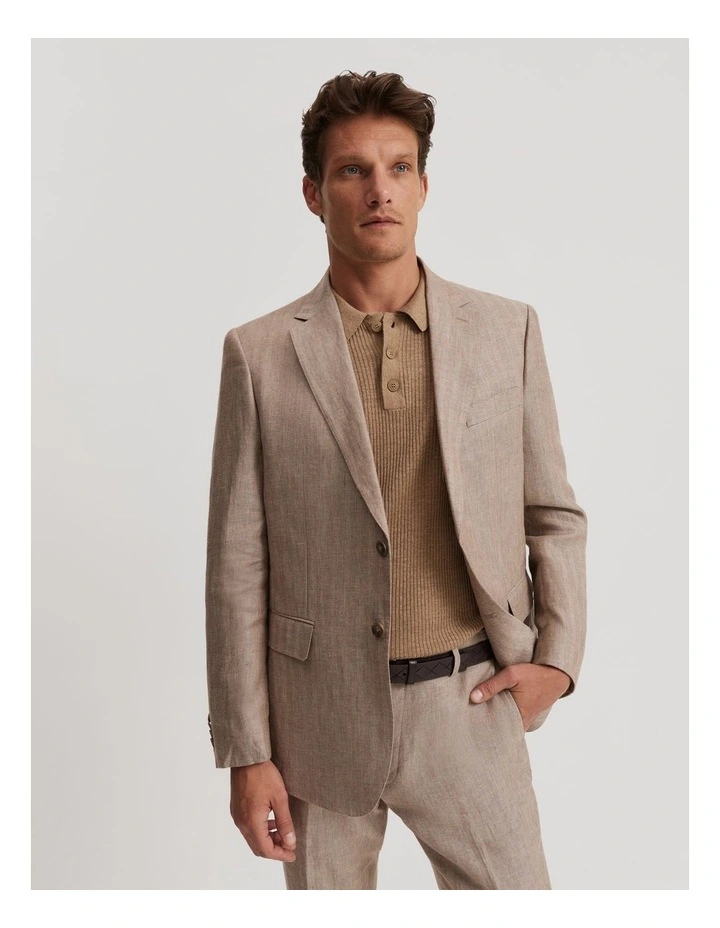 Regular Fit Half Lined Linen Herringbone Jacket in Wicker