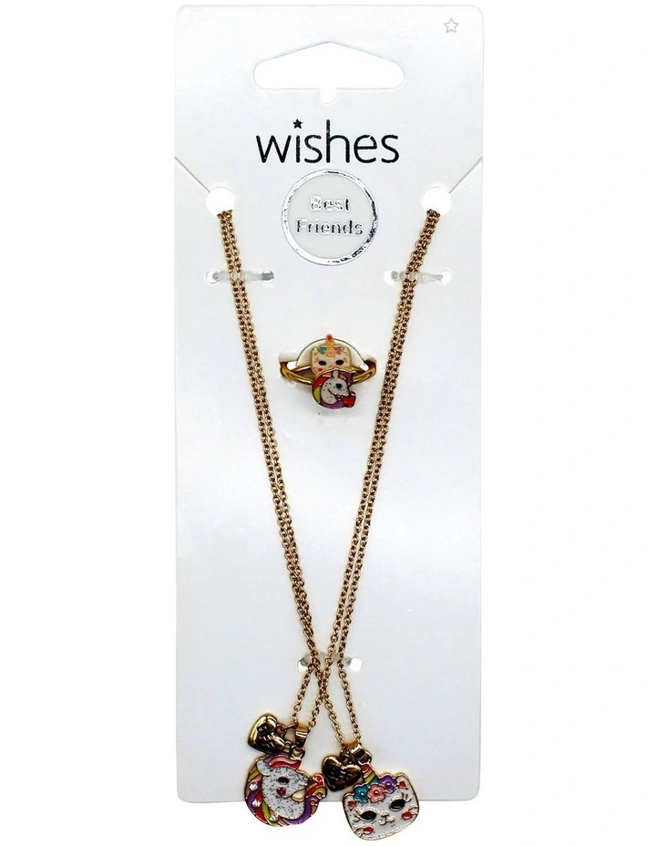 Cat Unicorn BFF Necklace and Ring Set in Gold