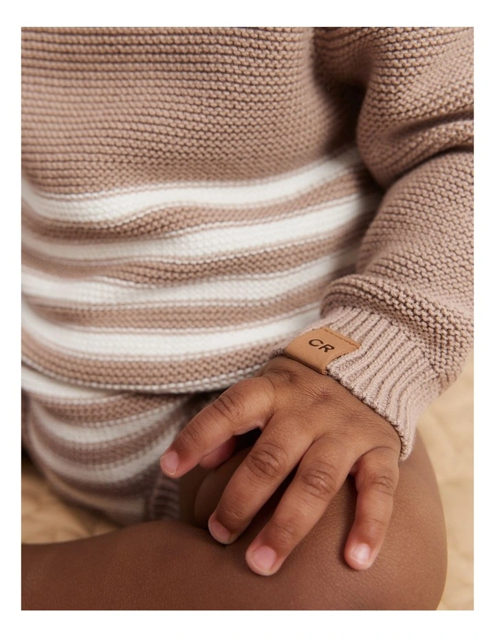 Organically Grown Cotton Stripe Knit Long Sleeve Bodysuit in Mushroom