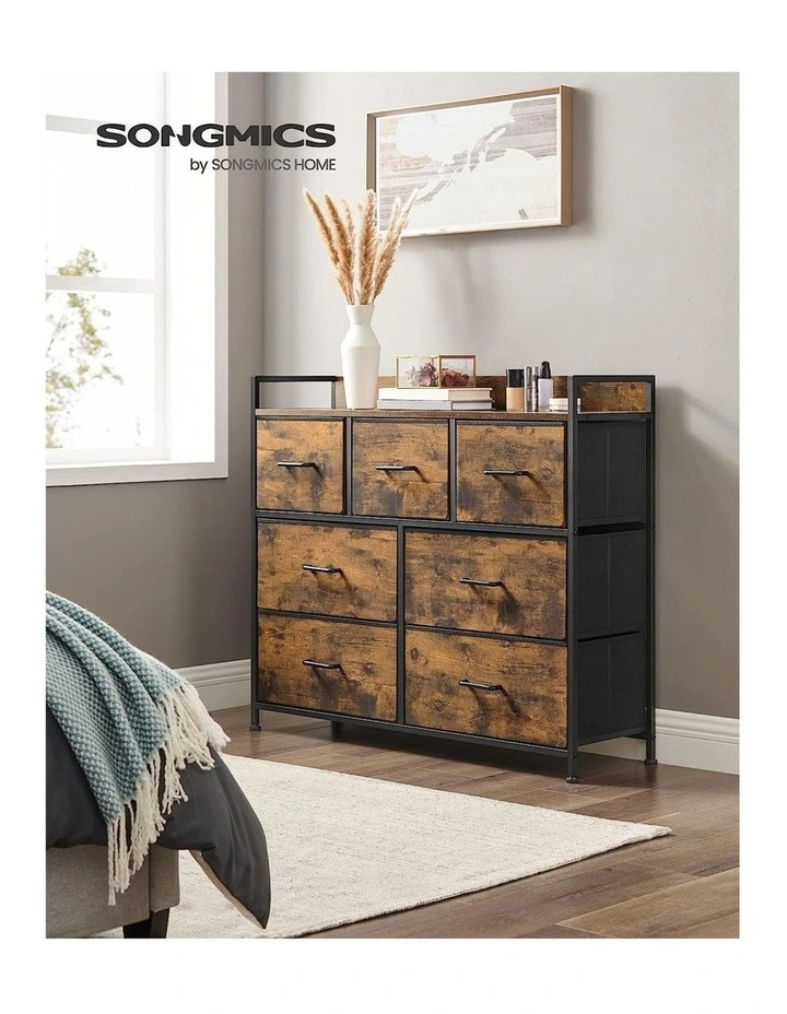 7 Fabric Drawers with Handle Dresser for Bedroom in Rustic Brown and Black
