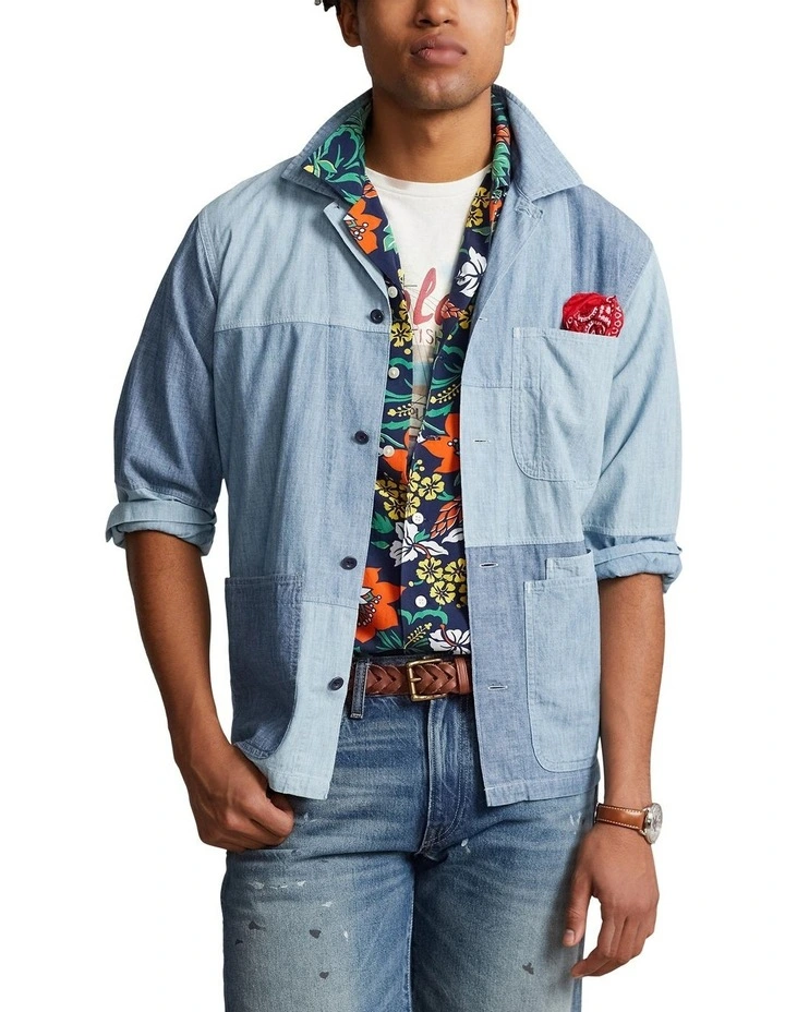 Classic Fit Patchwork Chambray Shirt in Blue
