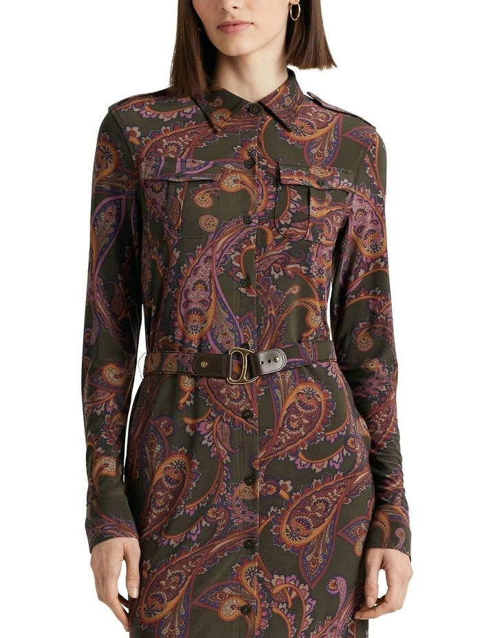 Paisley Stretch Jersey Shirtdress in Green