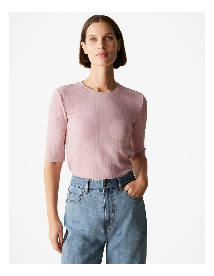 Viscose Rib Half Sleeved T-shirt in Blush Pink