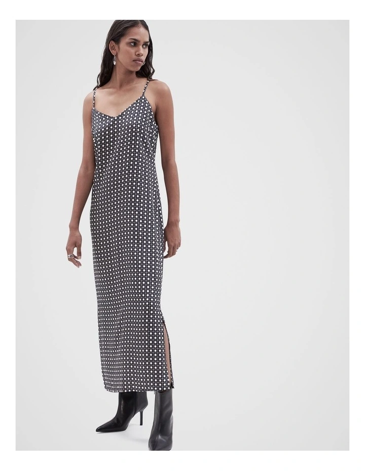 Grid Print Slip Dress in Navy Vanilla
