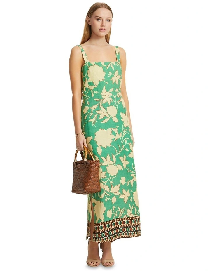 Simone Linen Blend Printed Dress in Green