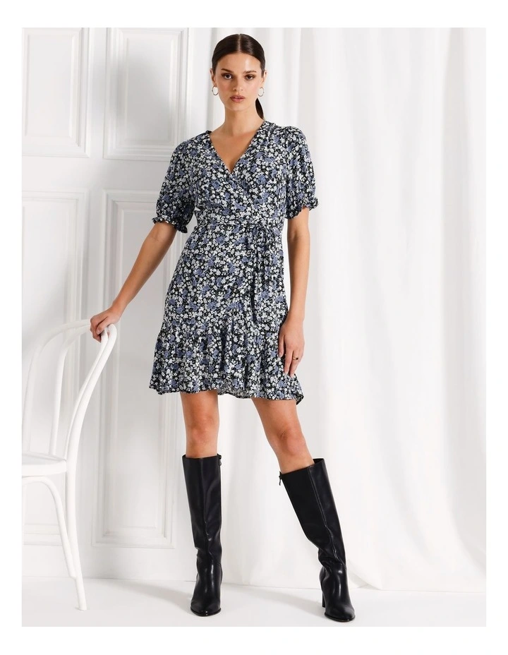 Puff Sleeve Wrap Mini Tea Dress in Blue