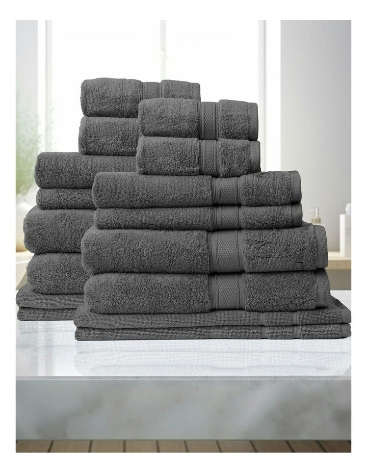 Zero Twist Luxury Cotton Towel Set 16 Piece in Granite