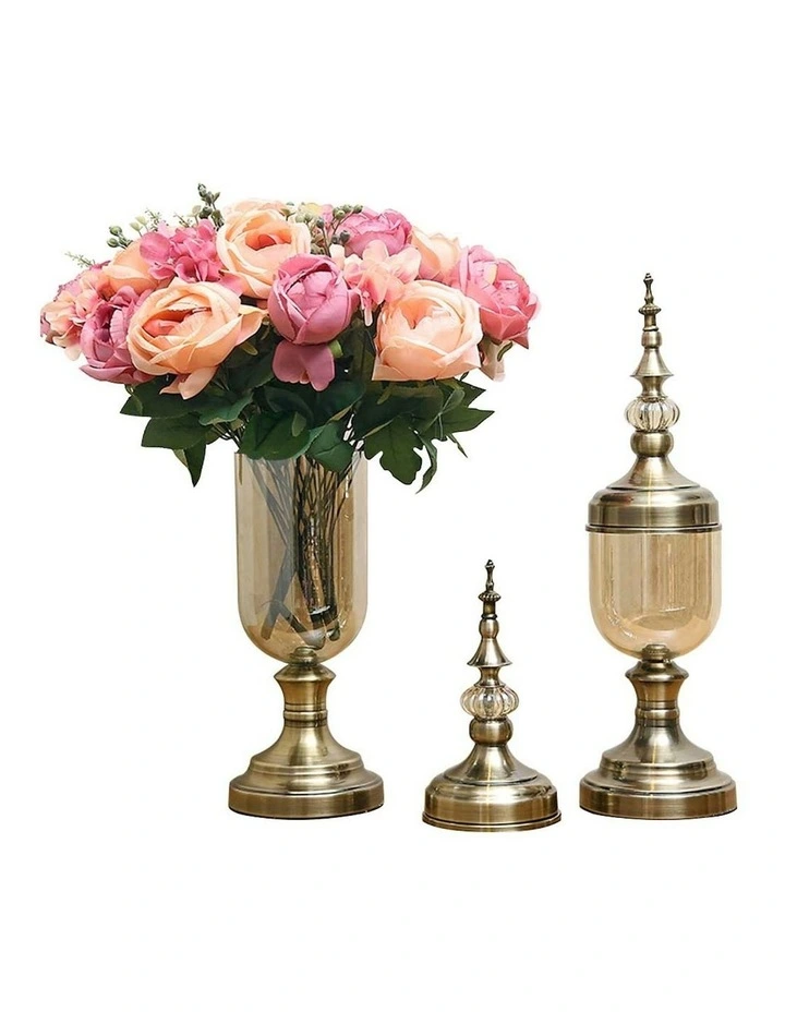 2 x Clear Glass Flower Vase With Lid And Pink Flower Filler Bronze Set in Multi