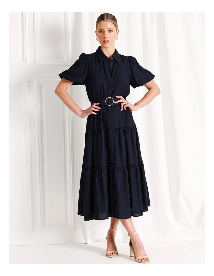 Puff Sleeve Belted Midi Shirt Dress in Navy