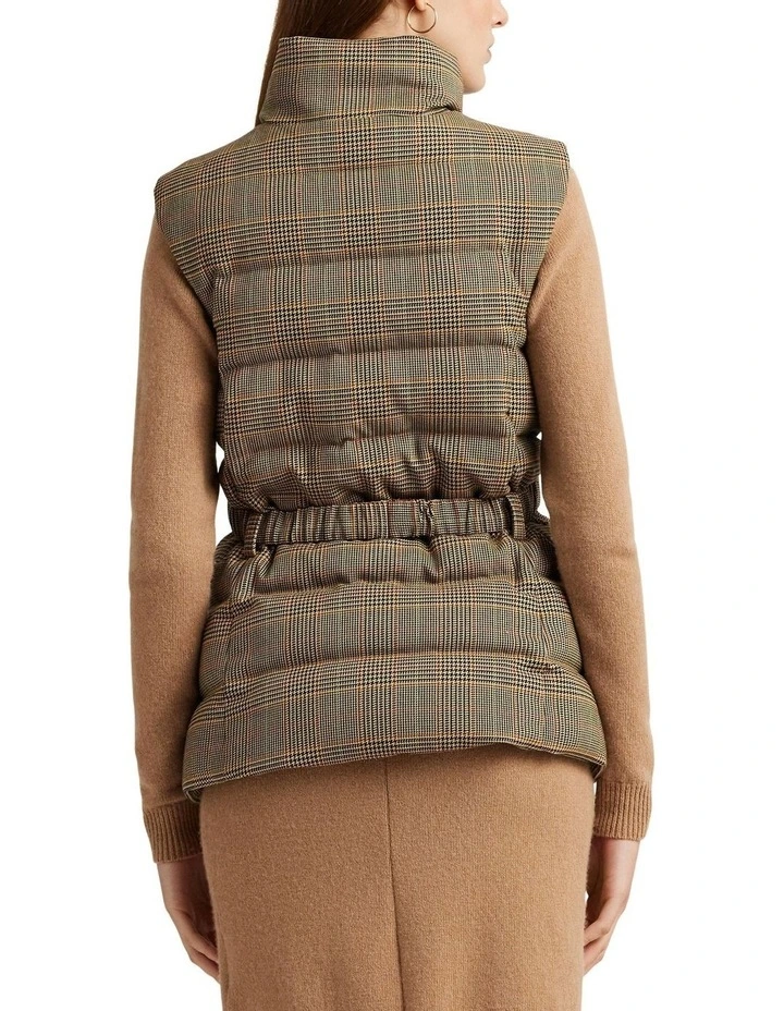 Glen Plaid Quilted Tweed Down Vest in Brown