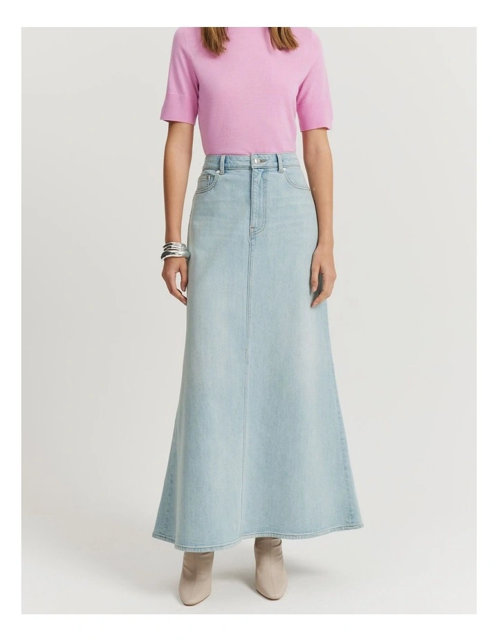 Flare Denim Maxi Skirt in Aged Soft Wash