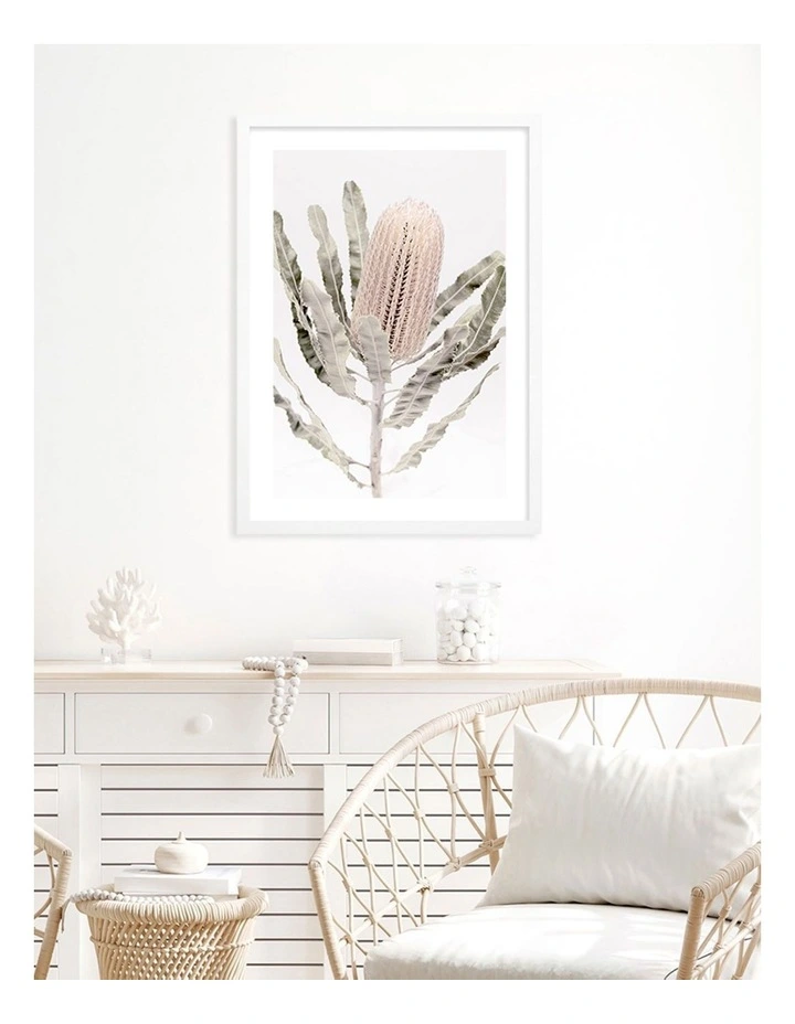 Australian Made Banksia Flower Art Print A2 in White Frame