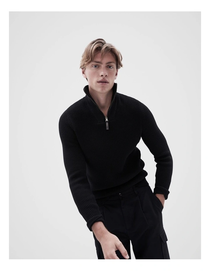 Rib Half Zip Knit Sweater in Black