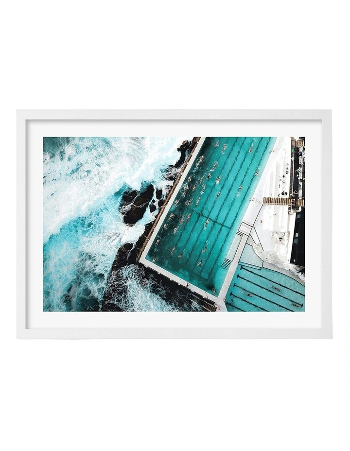 Australian Made Bondi Icebergs Doing Laps Art Print A2 in White Frame