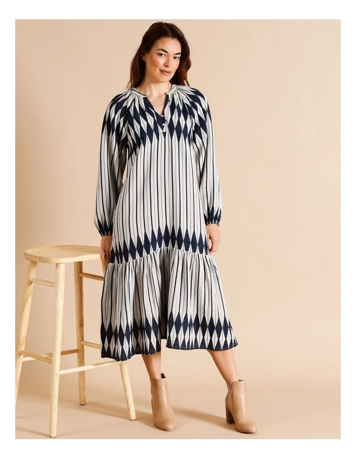 Organic Cotton Long Sleeve Dress Charcoal in Ivory Jacquard