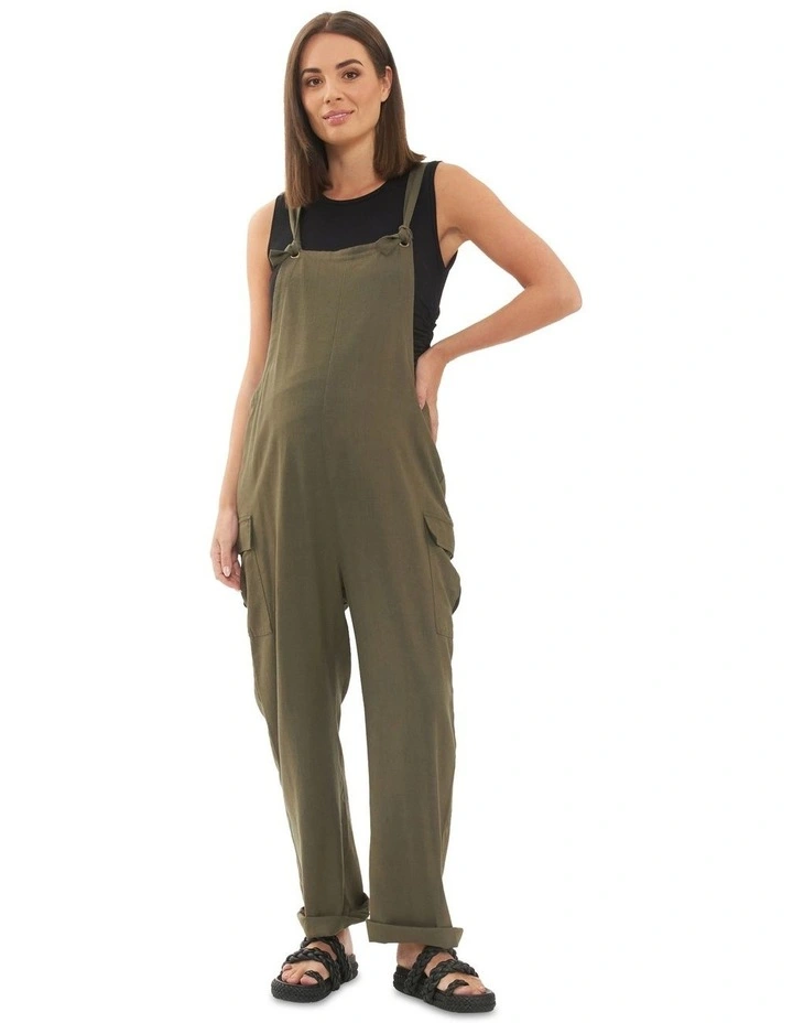 Cargo Pocket Linen Jumpsuit in Olive