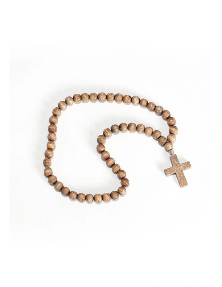 Wooden Beads with Cross Ornament in Natural