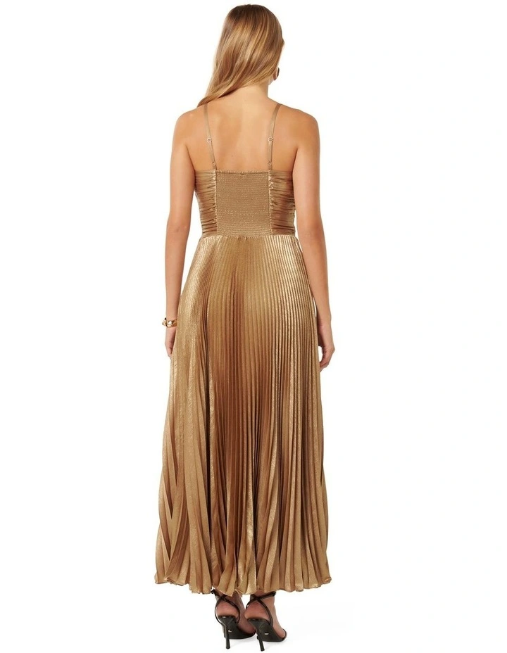 Jayden Metallic Pleated Maxi Dress in Gold