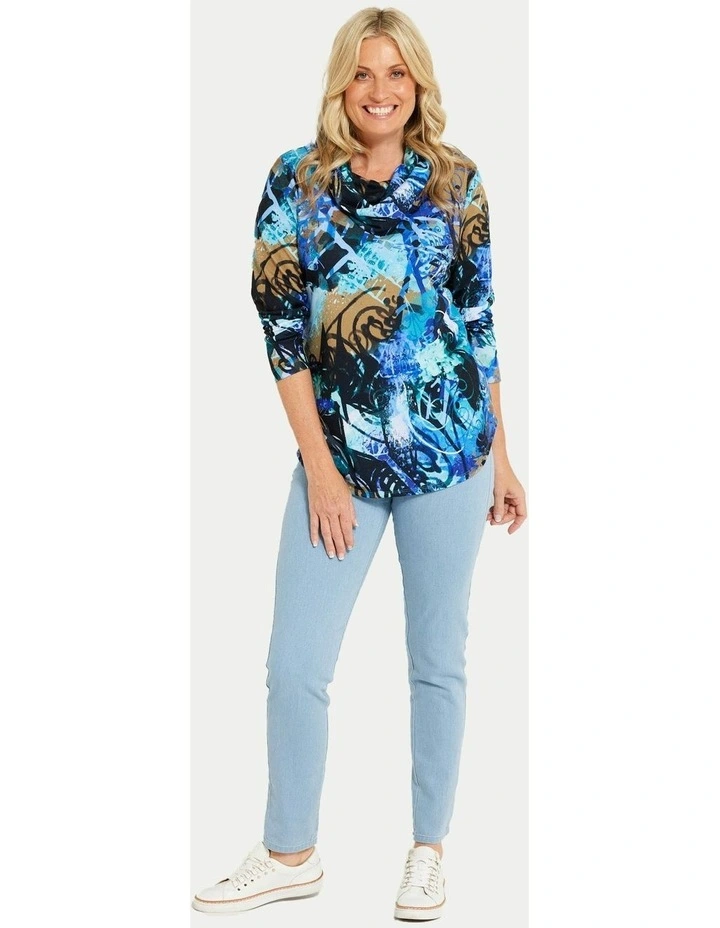 Jewels Cowl Cosy Long Sleeve Print Top in Blue