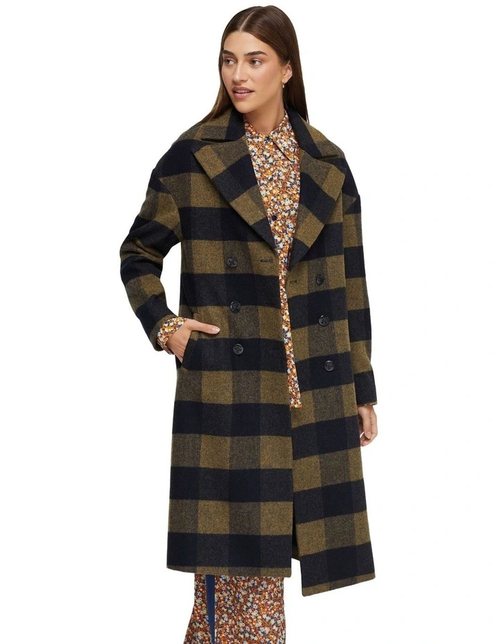 Anna Wool Rich Check Coat in Charcoal/Mustard