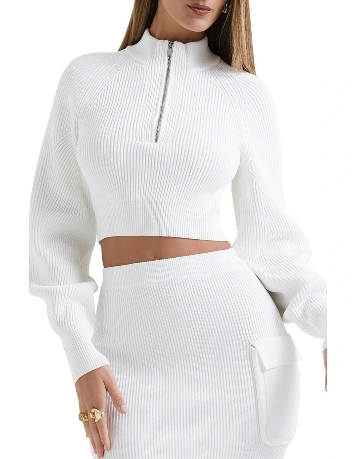 Reeva Balloon Sleeve Ribbed Sweater in White