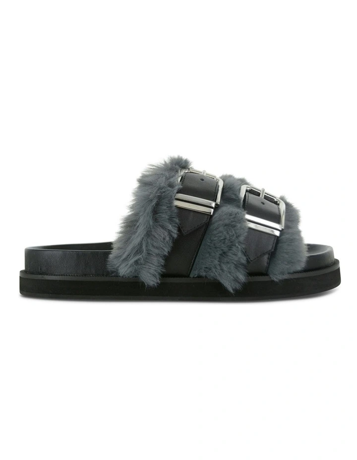 Zali Fluffy Slide Sandals in Charcoal