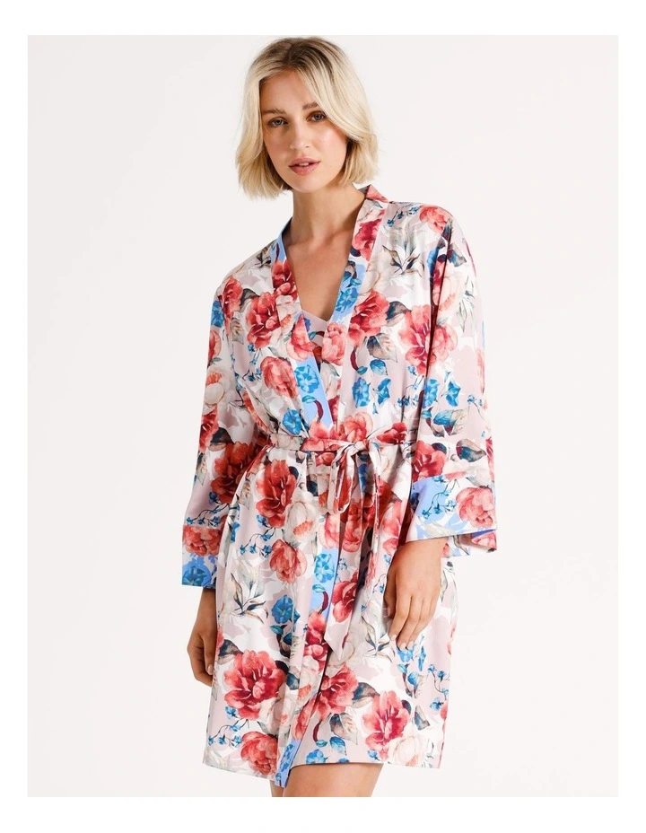 Pebbled Satin Robe in Pink Floral
