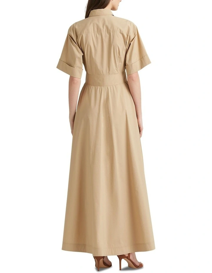 Buckle-Trim Cotton-Blend Shirt Dress in Beige