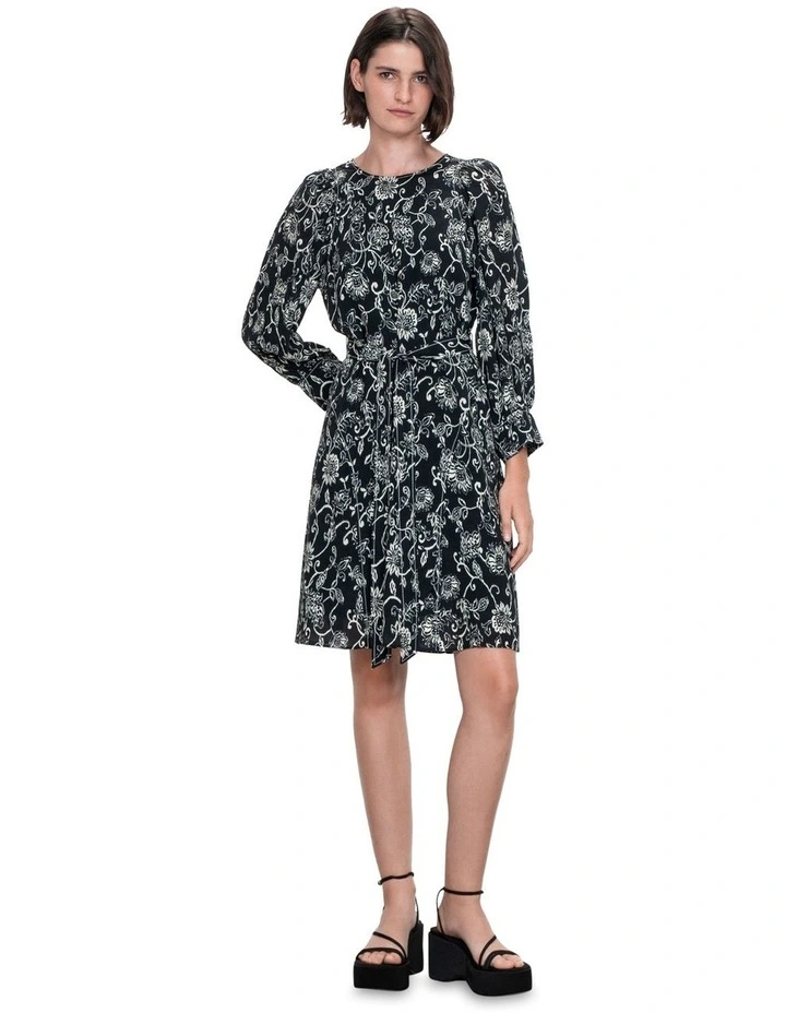 Monochrome Batik Midi Belted Dress in Black/White