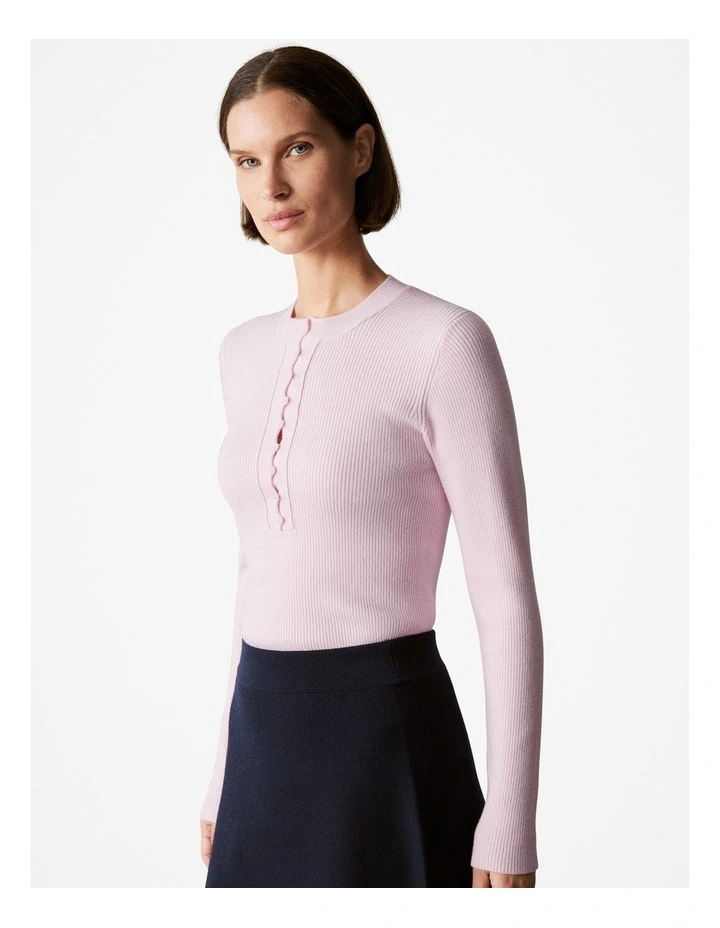 Wool Cotton Blend Rib Button Front Knit in Blossom Pink