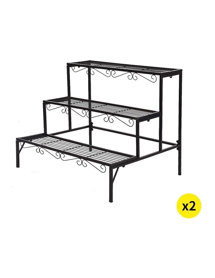 Outdoor Indoor Garden 3 Tier Metal Plant Stand 2x in Black