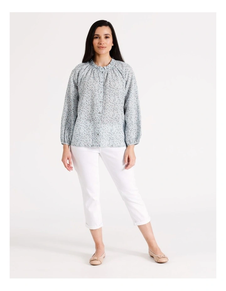 Long Sleeve Shirt With Frill Neck In Blue Ditsy Floral