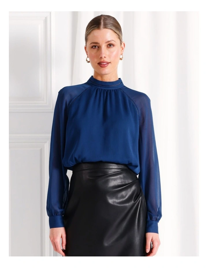 Ladder Trim Detail Raglan Sleeve Blouse in Cobalt
