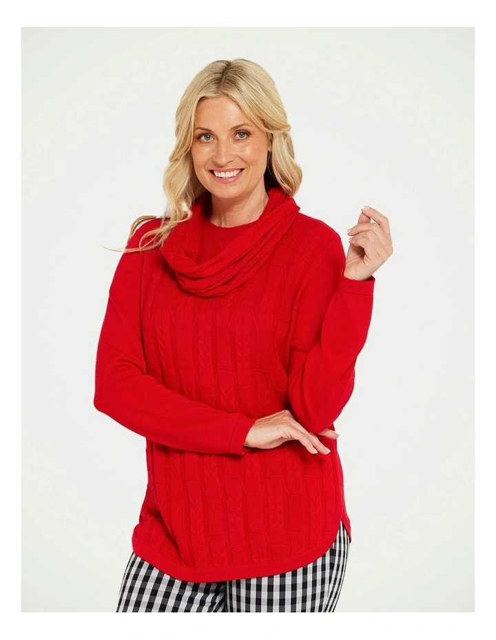 Rossa Textured Curve Hem Sweater in Red