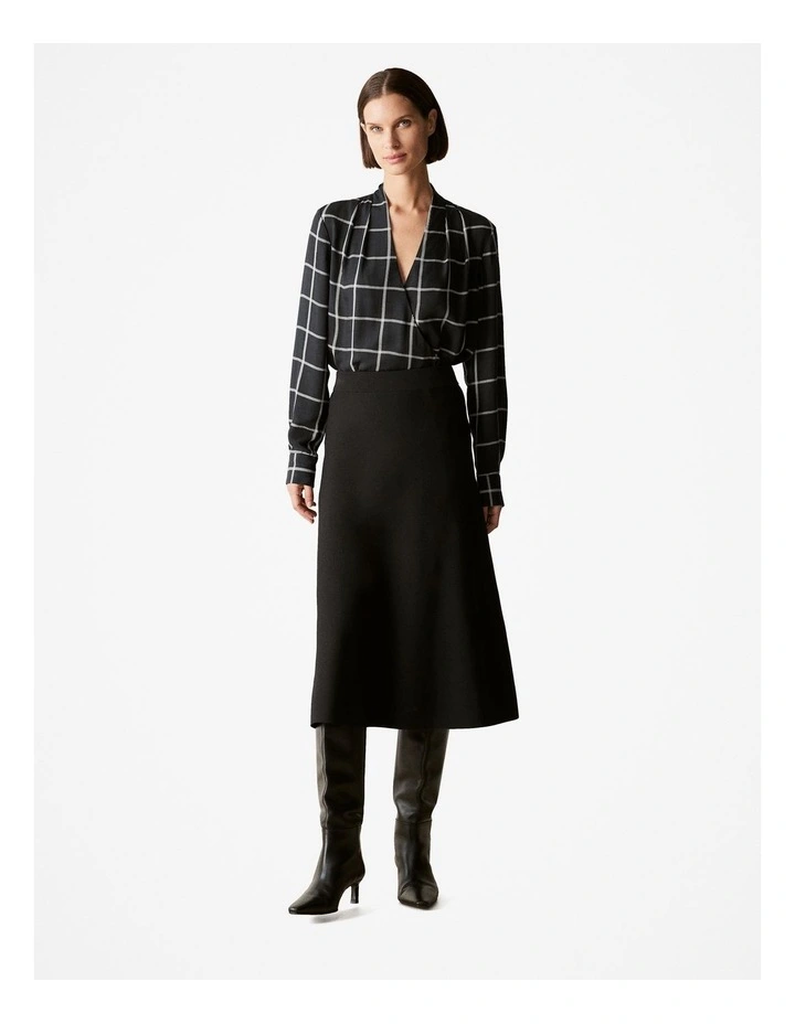 Modal Windowpane Check V Neck Blouse in Black