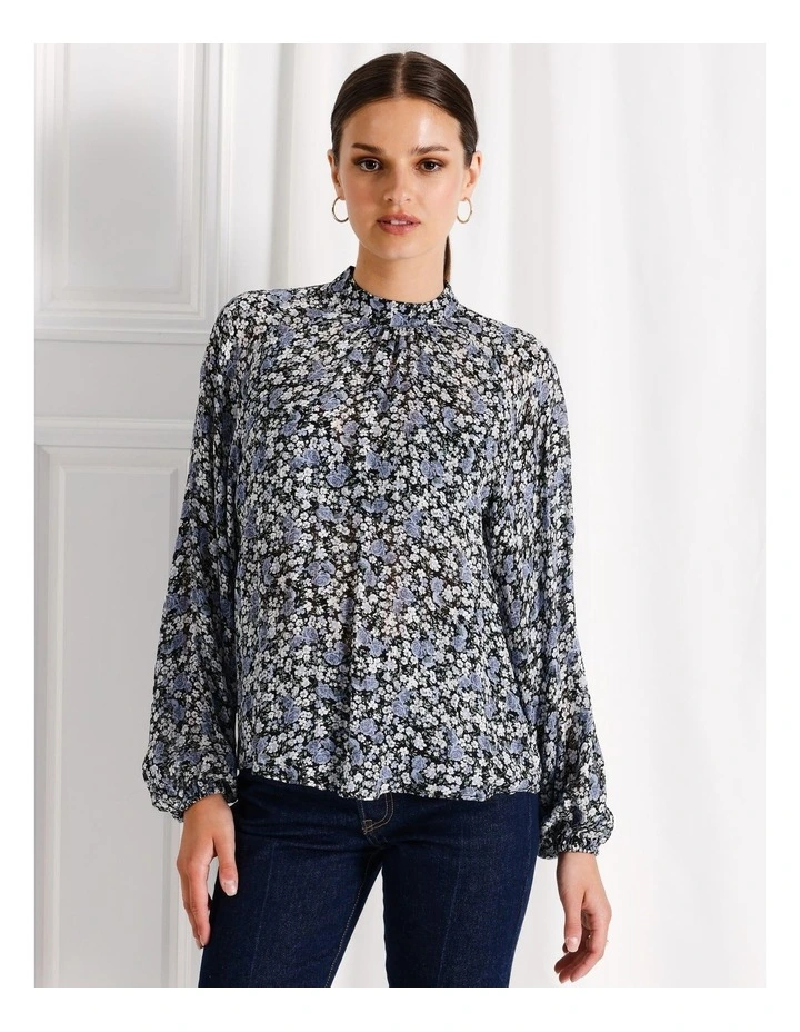 High Neck Raglan Blouse in Blue