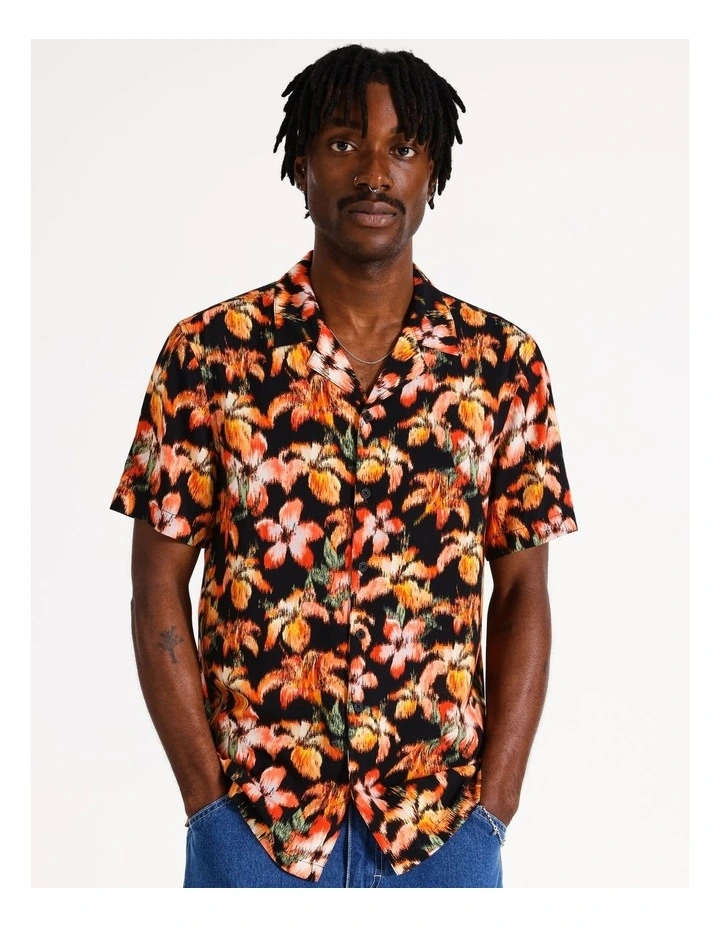 Blurry Butterflies Print Short Sleeve Rayon Shirt in Black
