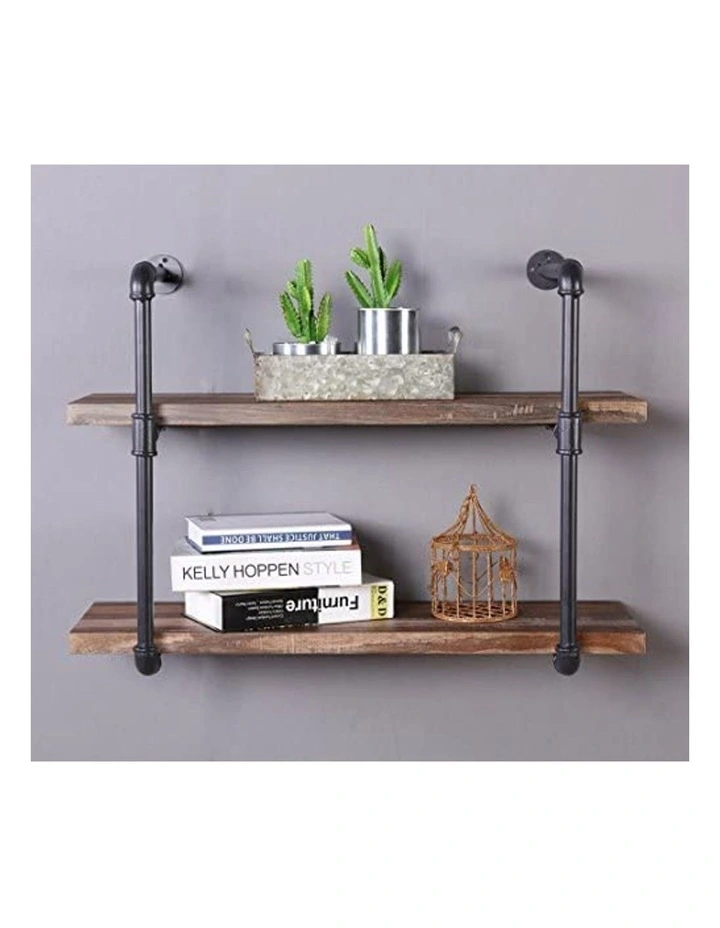 2 Tier Rustic Pipe Wall Shelving Unit Retro Brown