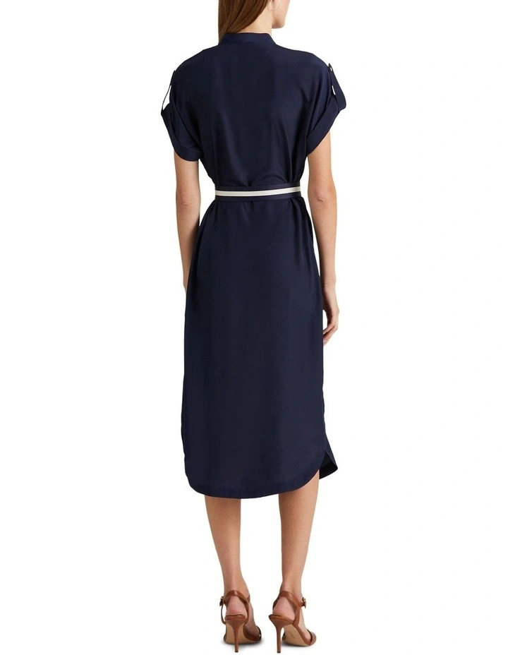 Belted Crepe Shirt Dress in Navy