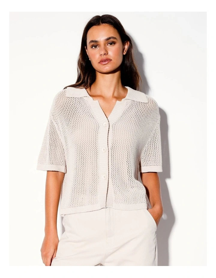 Organic Crochet Button Through Polo Top in Flesh