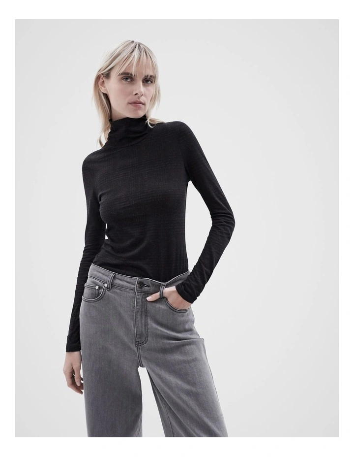 Check High Neck Top in Black Ptnt