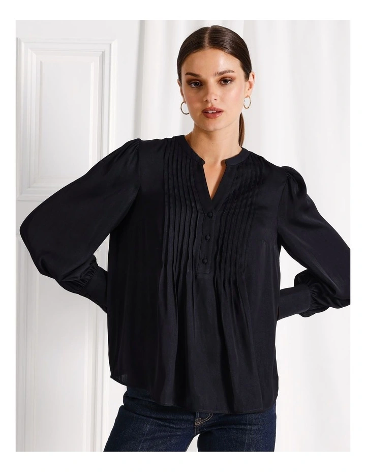 Recycled Blend Satin Pintuck Long Sleeve Blouse in Navy