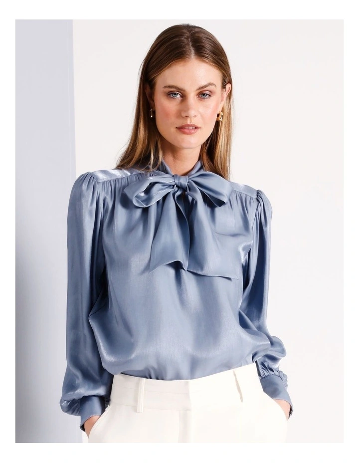 Liquid Satin Tie Neck Blouse in Dusty Blue