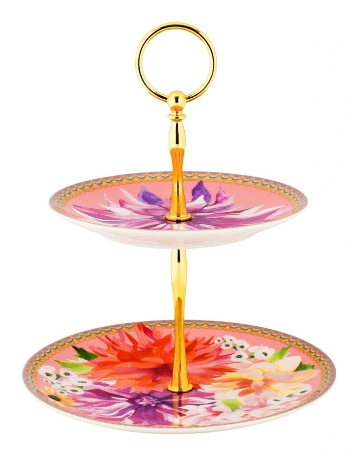 Teas & C's Dahlia Daze 2 Tiered Cake Stand Gift Boxed in Multi