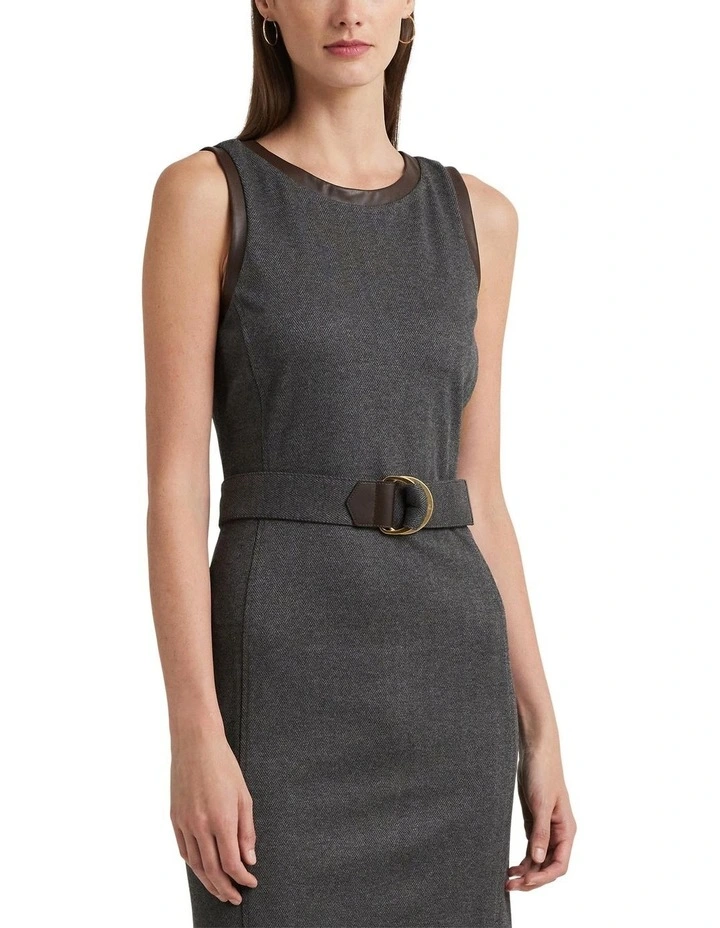 Faux-Leather-Trim Belted Jacquard Dress in Grey