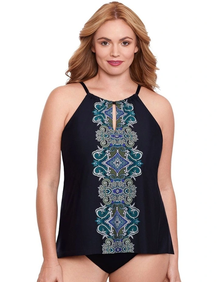 Precioso Peephole Loose Fit Plus Size Tankini Top in Black/Multi