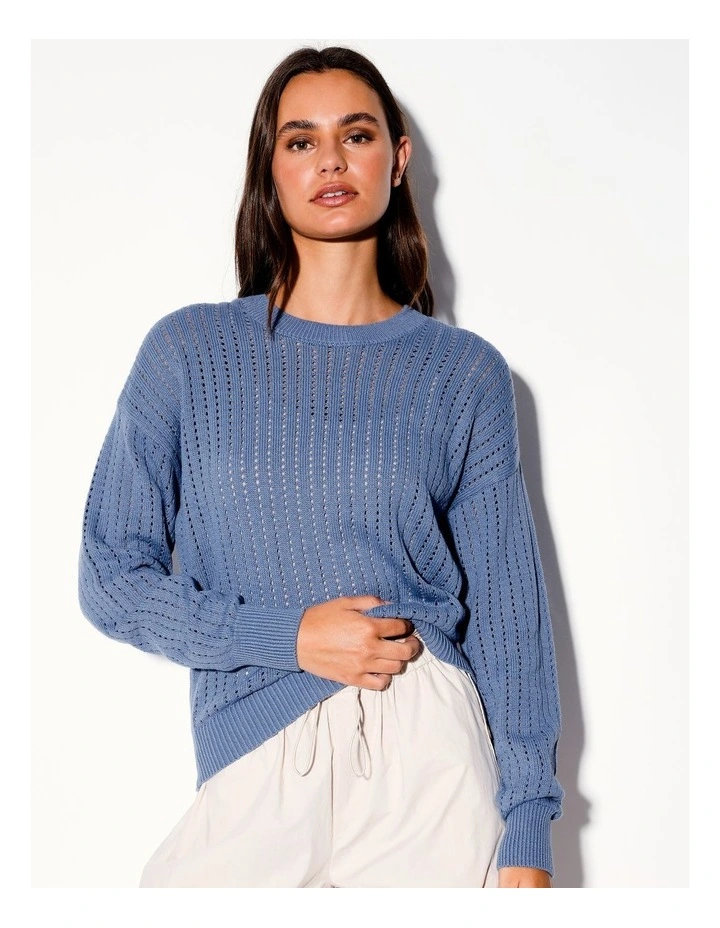 Organic Crochet Crew Neck Jumper in Denim