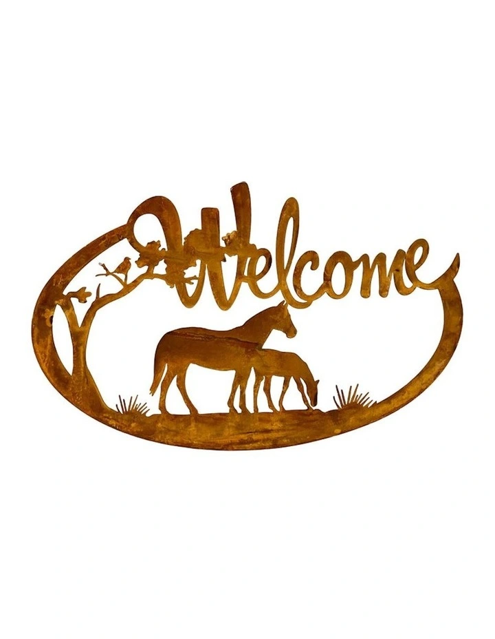 Horse Welcome Sign Outdoor Wall Art in Rust