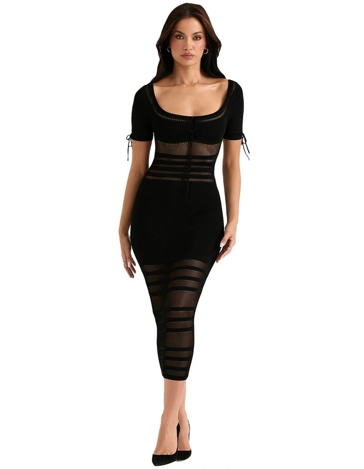 Lilla Openwork Knit Midi Dress in Black
